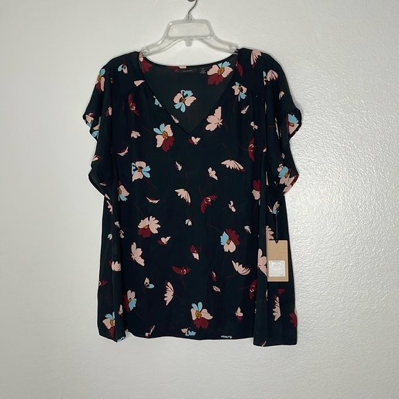 Halogen Black V Neck Short Flutter Sleeve Floral Print Blouse Size XXL New - Picture 1 of 6